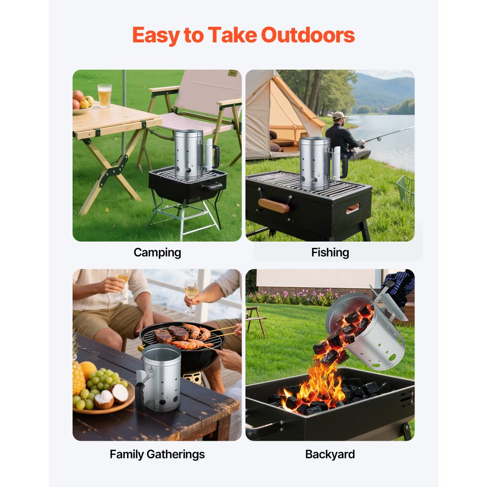 VEVOR Charcoal Chimney Starter, 4 lbs Large Capacity Coal Fireplace, Heavy Duty BBQ Steel Chimney Starter for Charcoal Grill and Barbecues, Compact On-the-Go Carbon Lighter and BBQ Grill Tool, Silver
