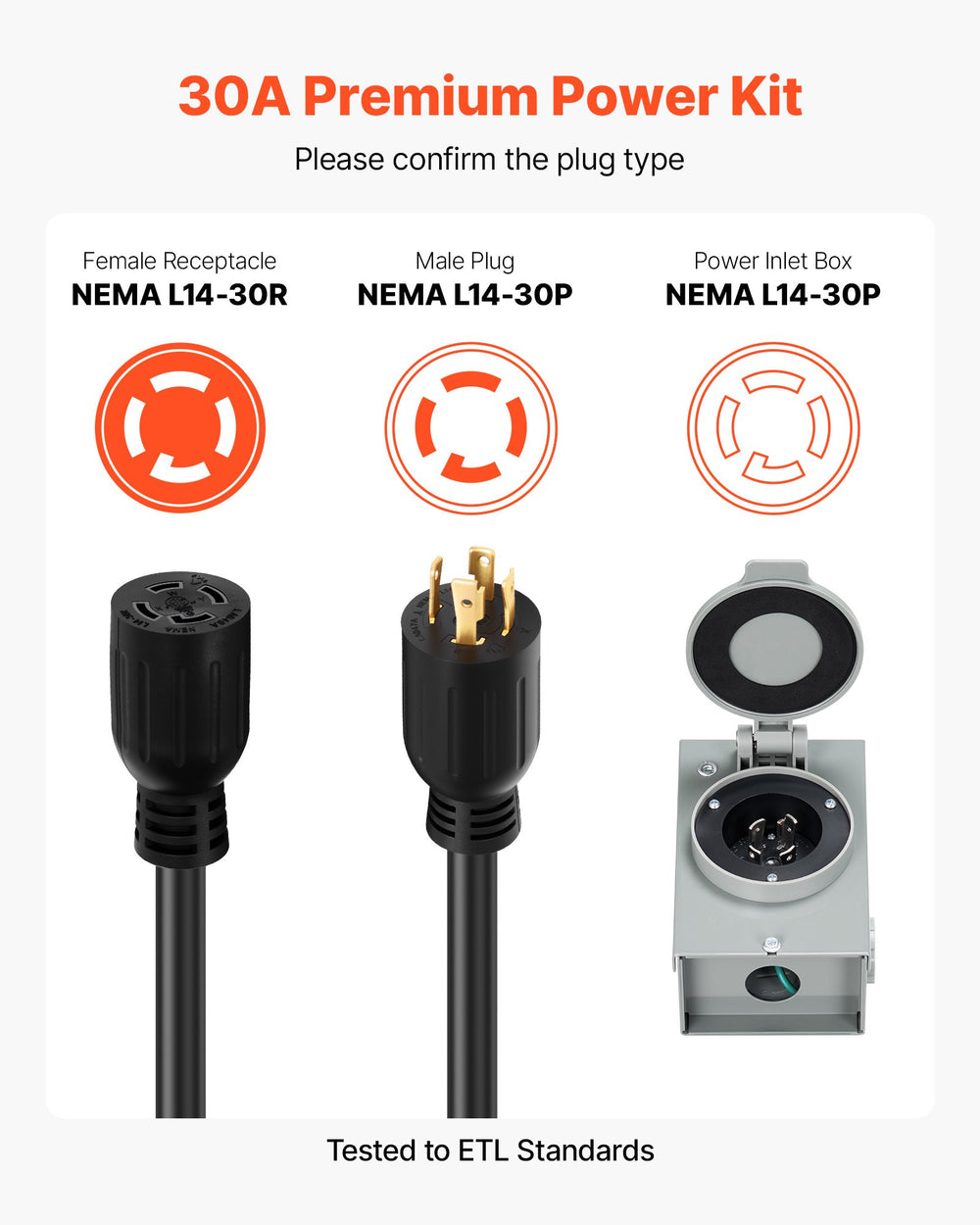 VEVOR 30 Amp Generator Cord and Power Inlet Box, 100 FT, 125/250V NEMA L14-30P to L14-30R Heavy Duty Extension Power Cord, SJTW 10AWG 7500W, Pre-Drilled Inlet Box, for Generator to House, ETL Listed
