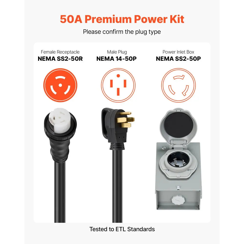 VEVOR 50 Amp Generator Cord and Power Inlet Box, 10FT, 125V/250V STW 6/3 + 8/1 AWG Extension Power Cord, NEMA 14-50P to SS2-50R, Twist Lock Connector, Inlet Box Kit, for Generator to House, ETL Listed