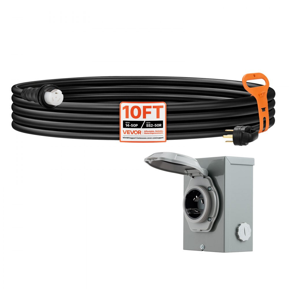 VEVOR 50 Amp Generator Cord and Power Inlet Box, 10FT, 125V/250V STW 6/3 + 8/1 AWG Extension Power Cord, NEMA 14-50P to SS2-50R, Twist Lock Connector, Inlet Box Kit, for Generator to House, ETL Listed