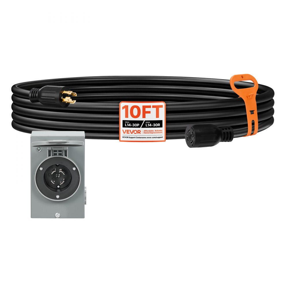VEVOR 30 Amp Generator Cord and Power Inlet Box, 10 FT, 125/250V NEMA L14-30P to L14-30R Heavy Duty Extension Power Cord, SJTW 10 Gauge 7500W, Pre-Drilled Inlet Box, for Generator to House, ETL Listed