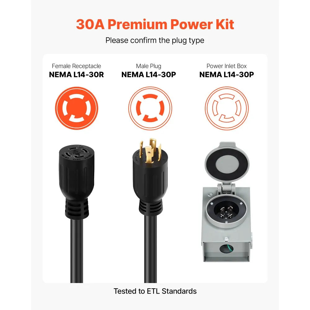 VEVOR 30 Amp Generator Cord and Power Inlet Box, 15 FT, 125/250V NEMA L14-30P to L14-30R Heavy Duty Extension Power Cord, SJTW 10 Gauge 7500W, Pre-Drilled Inlet Box, for Generator to House, ETL Listed