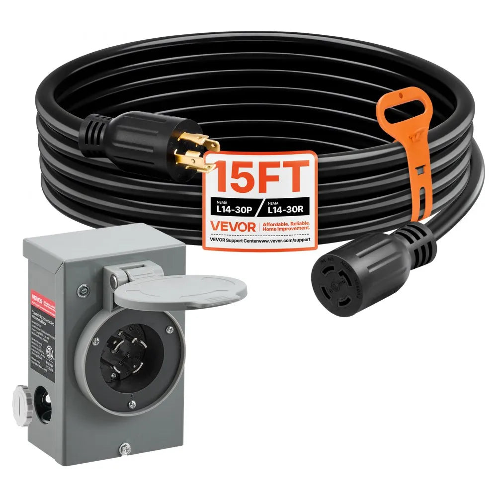 VEVOR 30 Amp Generator Cord and Power Inlet Box, 15 FT, 125/250V NEMA L14-30P to L14-30R Heavy Duty Extension Power Cord, SJTW 10 Gauge 7500W, Pre-Drilled Inlet Box, for Generator to House, ETL Listed