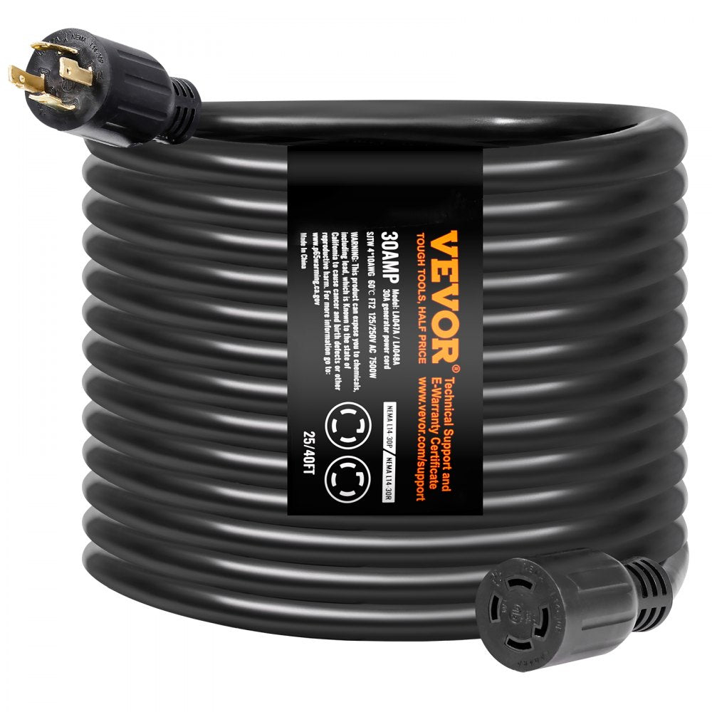 VEVOR 30 Amp Generator Cord and Power Inlet Box Kit, 40 FT, NEMA L14-30P/L14-30R STW 10 AWG Generator Power Extension Cord with Twist Lock Connector, Pre-Drilled Inlet Box for RV Outdoor, ETL Listed