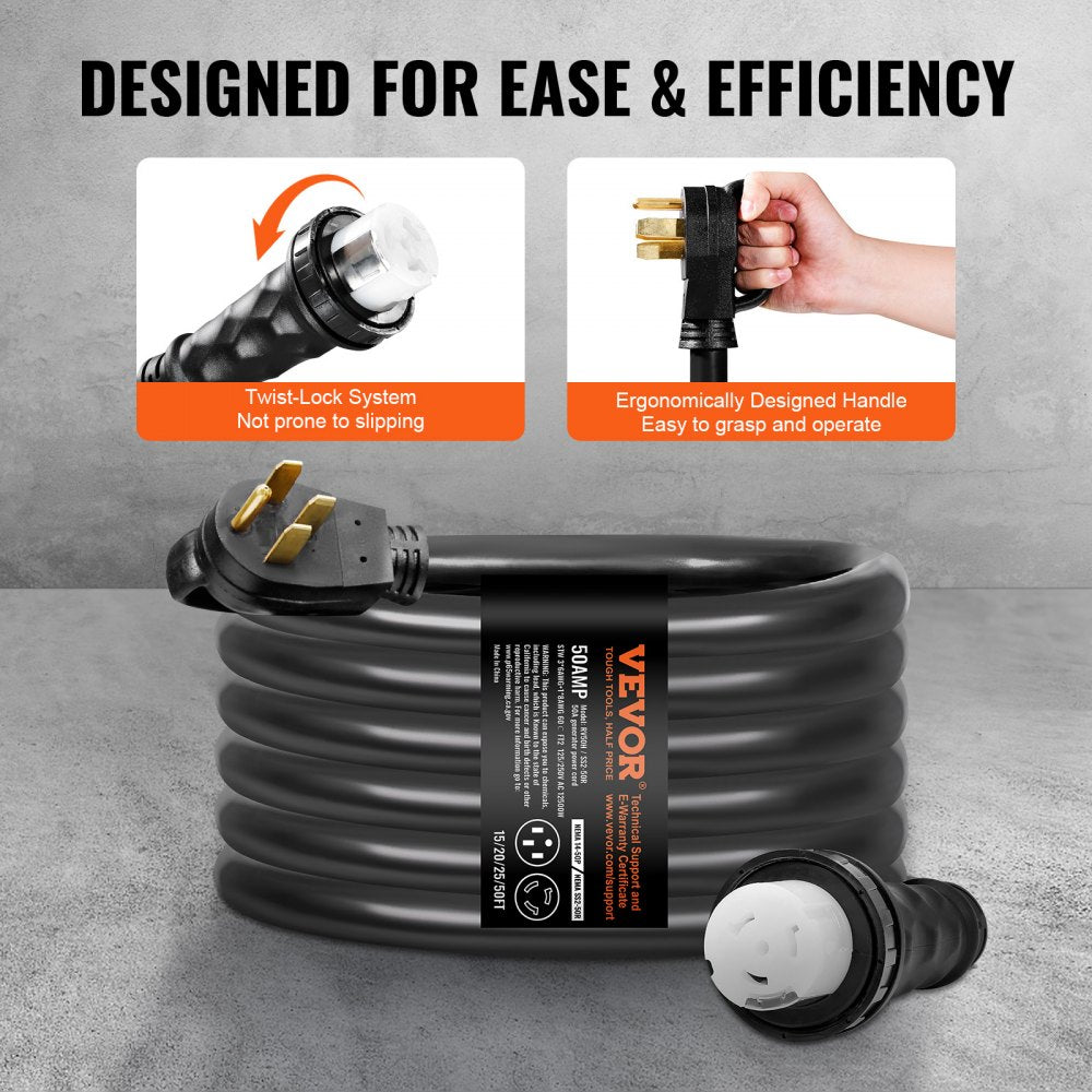 VEVOR 50 Amp Generator Cord and Power Inlet Box Kit, 15FT, NEMA 14-50P/SS2-50R STW 6/3+8/1 AWG Generator Power Cord with Twist Lock Connector, Pre-Drilled Inlet Box for Generator to House, ETL Listed