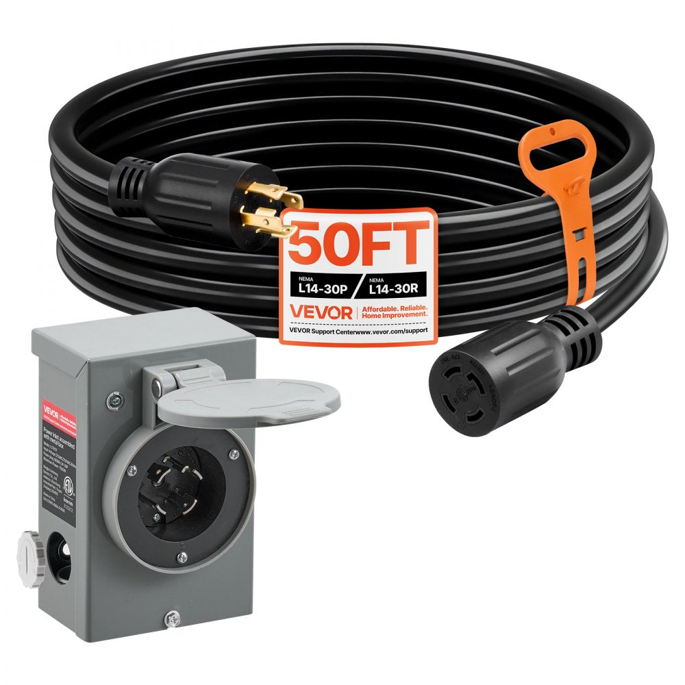 VEVOR 30 Amp Generator Cord and Power Inlet Box, 50 FT, 125/250V NEMA L14-30P to L14-30R Heavy Duty Extension Power Cord, SJTW 10 Gauge 7500W, Pre-Drilled Inlet Box, for Generator to House, ETL Listed