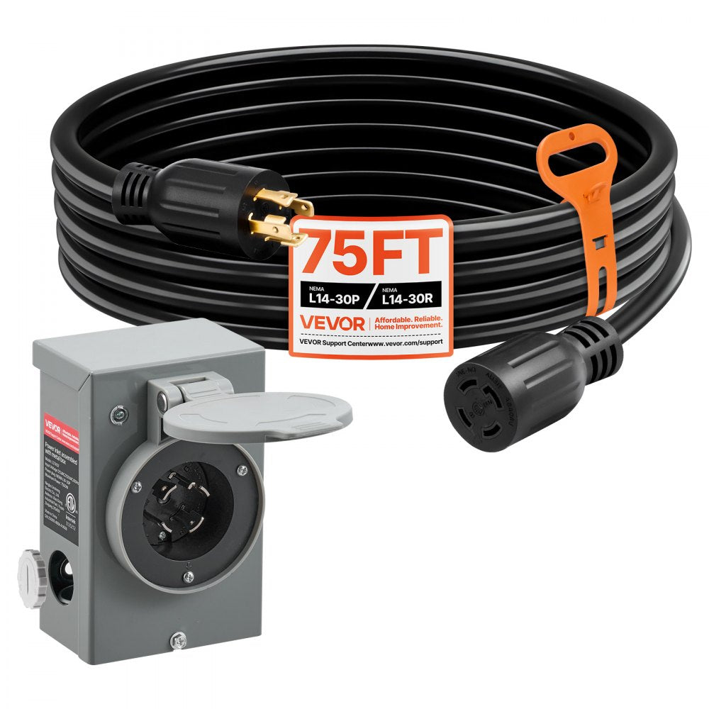 VEVOR 30 Amp Generator Cord and Power Inlet Box, 75 FT, 125/250V NEMA L14-30P to L14-30R Heavy Duty Extension Power Cord, SJTW 10 Gauge 7500W, Pre-Drilled Inlet Box, for Generator to House, ETL Listed