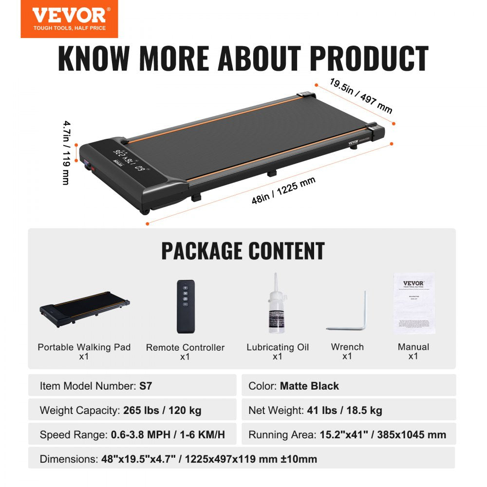 VEVOR Walking Pad, Under Desk Treadmill for Home Office, Working Walking Jogging Machine, 265 Lbs Capacity 2.5HP Portable Lightweight Walking Pad, with Remote Control and LED Display