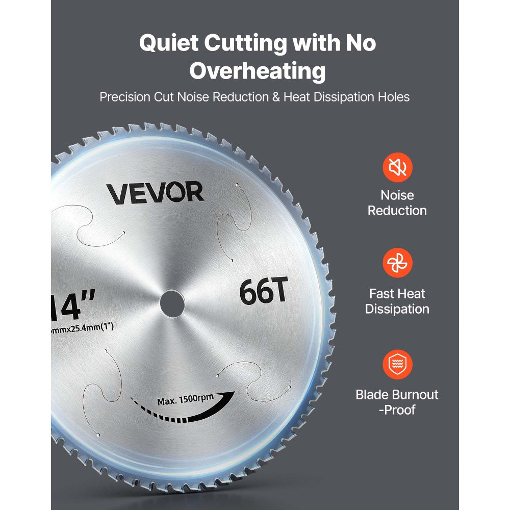 VEVOR Chop Saw Blade 14-in 66 Teeth Cermet-Tipped Metal Cold Cutting Blade, Compatible with Chop Saws, 4000 Cuts, Cutting Smooth Surfaces with No Burrs, Noise Reduction and Heat Dissipation Holes