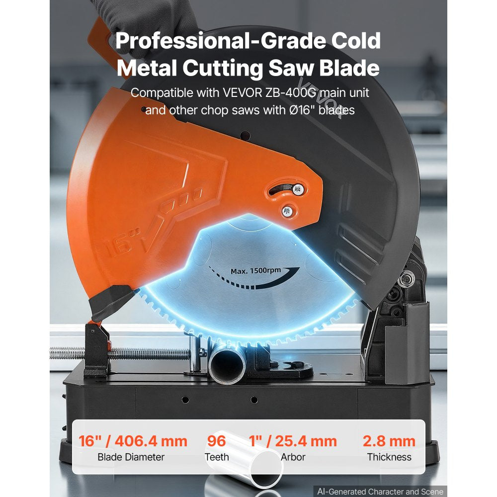 VEVOR Chop Saw Blade 16-in 96 Teeth Cermet-Tipped Metal Cold Cutting Blade, Compatible with Chop Saws, 4000 Cuts, Cutting Smooth Surfaces with No Burrs, Noise Reduction and Heat Dissipation Holes
