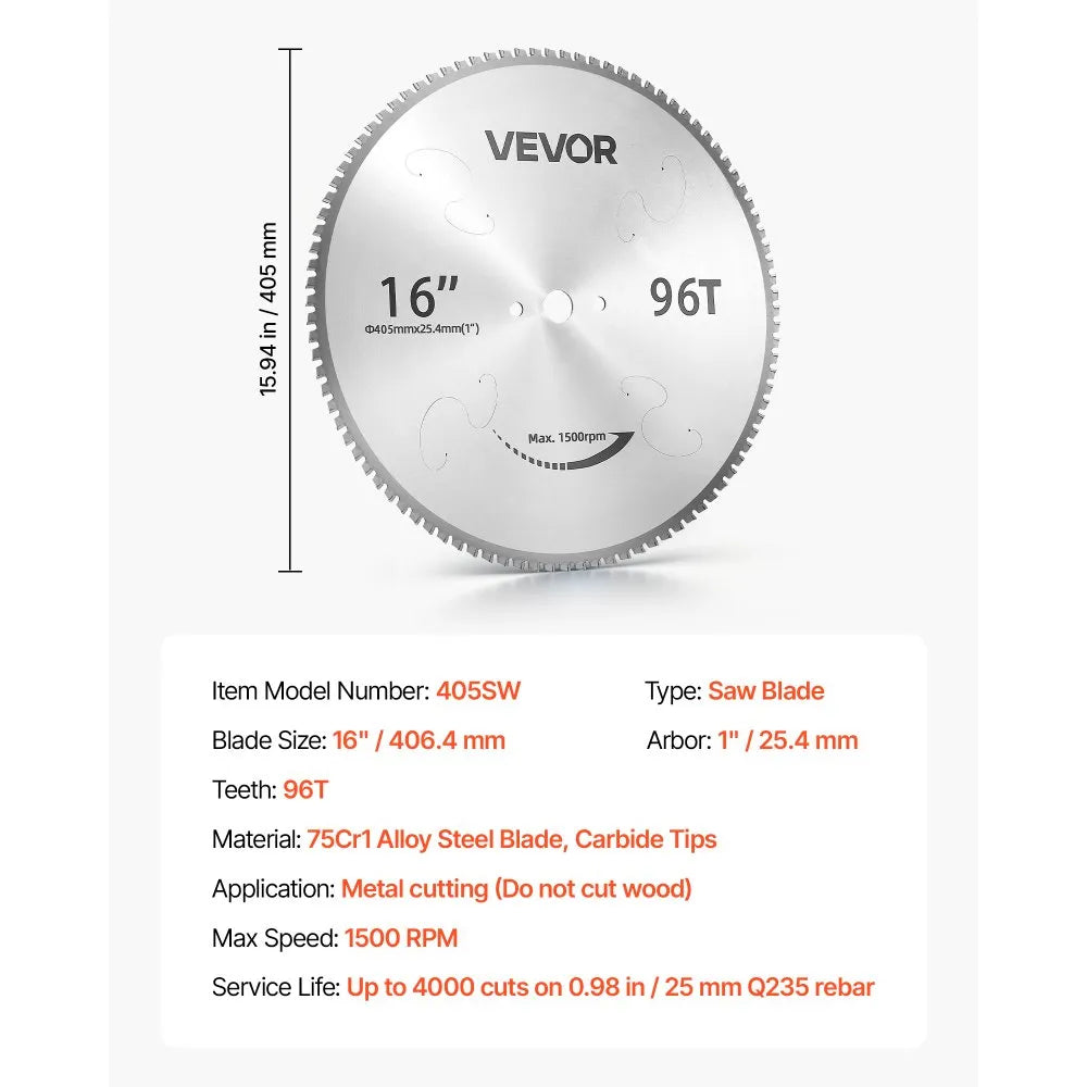 VEVOR Chop Saw Blade 16-in 96 Teeth Cermet-Tipped Metal Cold Cutting Blade, Compatible with Chop Saws, 4000 Cuts, Cutting Smooth Surfaces with No Burrs, Noise Reduction and Heat Dissipation Holes