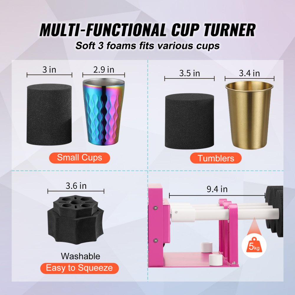 VEVOR 6 Cup Turner for Crafts Tumbler, Multiple Tumbler Turner DIY Glitter Epoxy Resin Tumblers, Epoxy Pen Turner Attachment with Silent Motor Two-way Rotation, Cup Spinner Tested to UL Standards