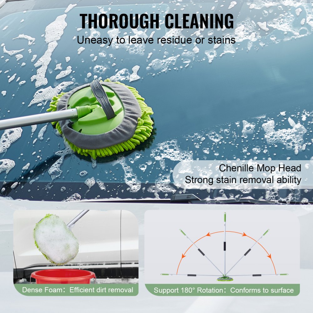 VEVOR Car Wash Brush, 62-Inch Extendable Car Washing Brush with Long Handle, Soft Chenille Fiber Car Wash Mop Mitt, 180° Rotatable Car Cleaning Brush with 1 Replacement Mop for Car, RV, Window, Floor
