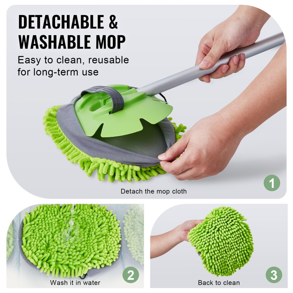 VEVOR Car Wash Brush, 62-Inch Extendable Car Washing Brush with Long Handle, Soft Chenille Fiber Car Wash Mop Mitt, 180° Rotatable Car Cleaning Brush with 1 Replacement Mop for Car, RV, Window, Floor