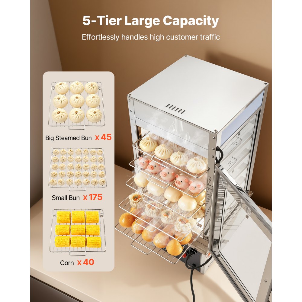 VEVOR 5-Tier Commercial Food Warmer Display, 1200W Food Display Warmer with LED Light, Adjustable Shelf & Stainless Steel Frame, 86℉~230℉ Steam Heating, 120L for Hamburger, Pizza, Bread, Fried Chicken