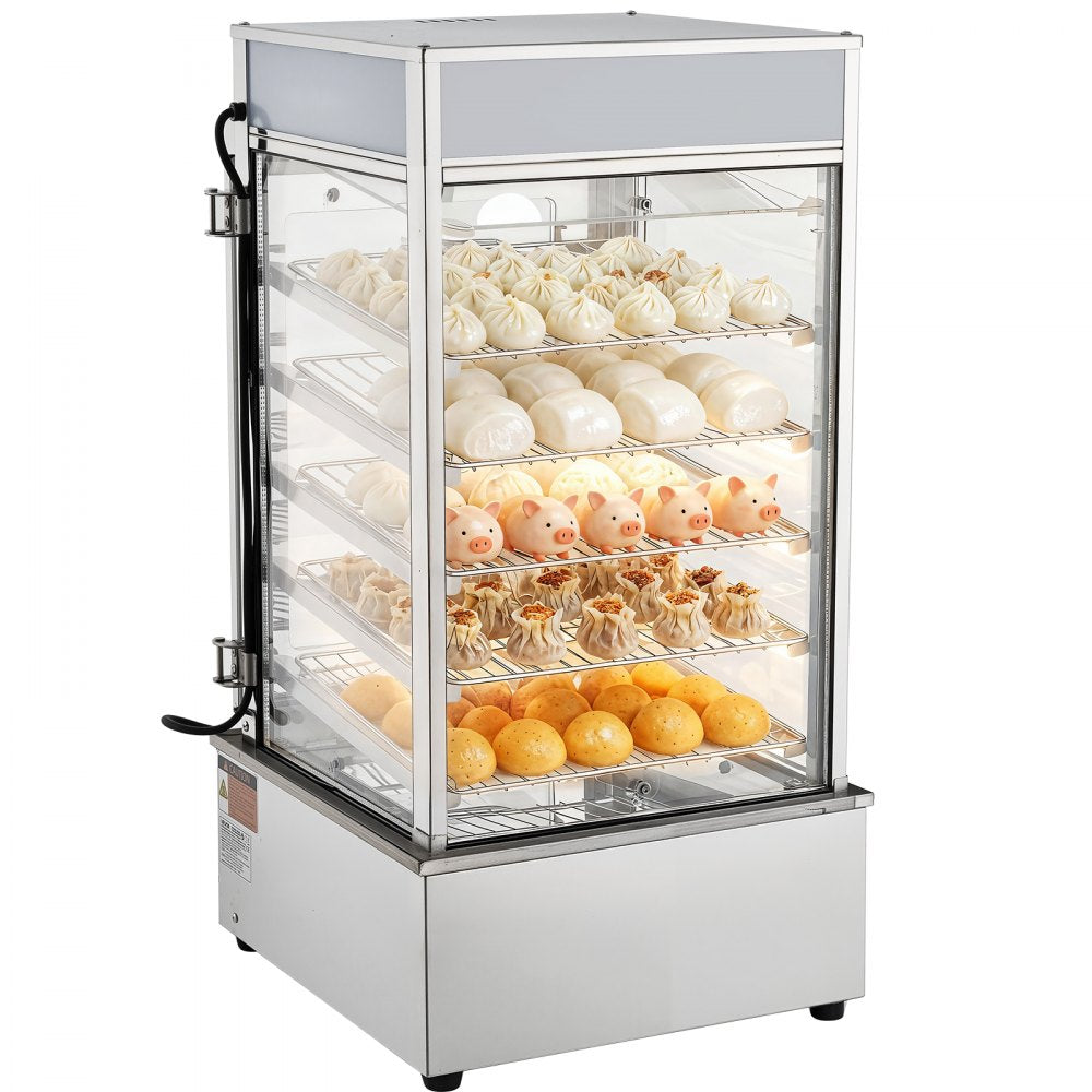 VEVOR 5-Tier Commercial Food Warmer Display, 1200W Food Display Warmer with LED Light, Adjustable Shelf & Stainless Steel Frame, 86℉~230℉ Steam Heating, 120L for Hamburger, Pizza, Bread, Fried Chicken
