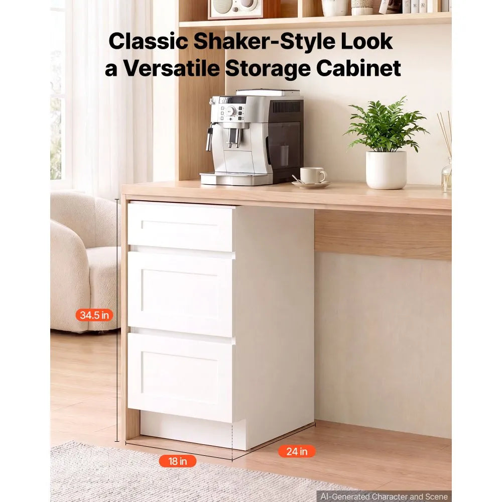 VEVOR White Shaker Base Cabinet Ready to Assemble, 18"W Unassembled Cabinet, 18" W x 24" D x 34.5" H, with 3 Drawers, Soft-Close Hardware, Fine Edge Banding, for Home, Office, and Laundry Room