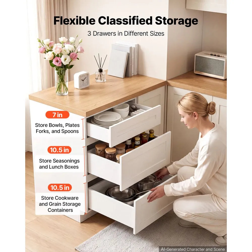VEVOR White Shaker Base Cabinet Ready to Assemble, 18"W Unassembled Cabinet, 18" W x 24" D x 34.5" H, with 3 Drawers, Soft-Close Hardware, Fine Edge Banding, for Home, Office, and Laundry Room