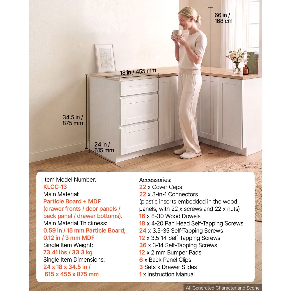 VEVOR White Shaker Base Cabinet Ready to Assemble, 18"W Unassembled Cabinet, 18" W x 24" D x 34.5" H, with 3 Drawers, Soft-Close Hardware, Fine Edge Banding, for Home, Office, and Laundry Room