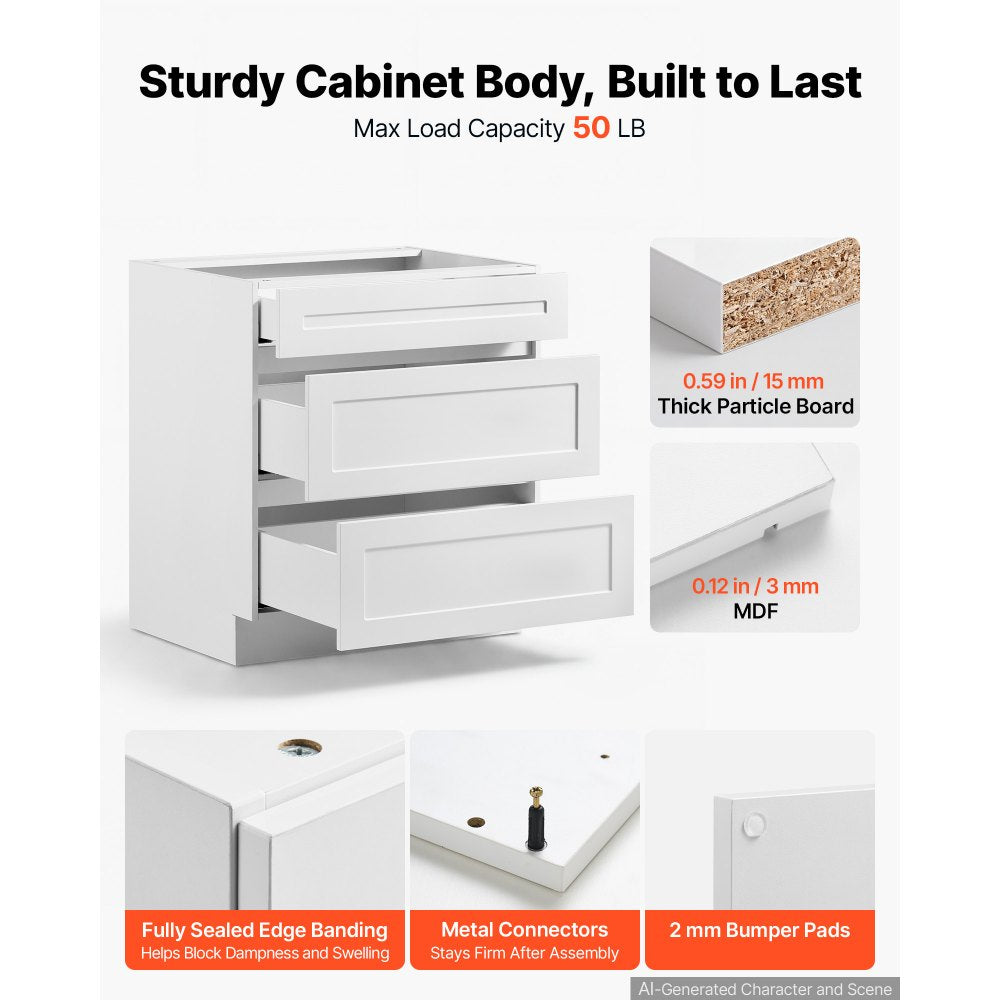 VEVOR White Shaker Base Cabinet Ready to Assemble, 30"W Unassembled Cabinet, 30" W x 24" D x 34.5" H, with 3 Drawers, Soft-Close Hardware, Fine Edge Banding, for Home, Office, and Laundry Room