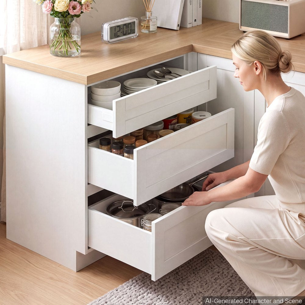 VEVOR White Shaker Base Cabinet Ready to Assemble, 30"W Unassembled Cabinet, 30" W x 24" D x 34.5" H, with 3 Drawers, Soft-Close Hardware, Fine Edge Banding, for Home, Office, and Laundry Room