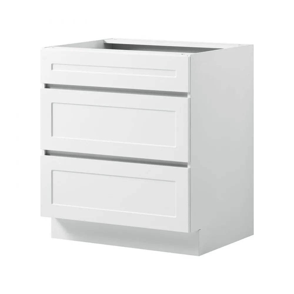 VEVOR White Shaker Base Cabinet Ready to Assemble, 30"W Unassembled Cabinet, 30" W x 24" D x 34.5" H, with 3 Drawers, Soft-Close Hardware, Fine Edge Banding, for Home, Office, and Laundry Room
