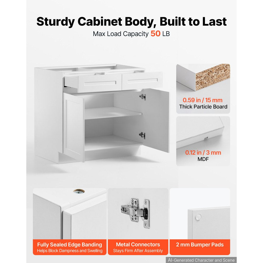 VEVOR White Shaker Base Cabinet Ready to Assemble, 36"W Unassembled Cabinet, 36" W x 24" D x 34.5" H, with 2 Doors, 2 Drawers, Adjustable Shelf, Soft-Close Hardware, for Home, Office, and Laundry Room