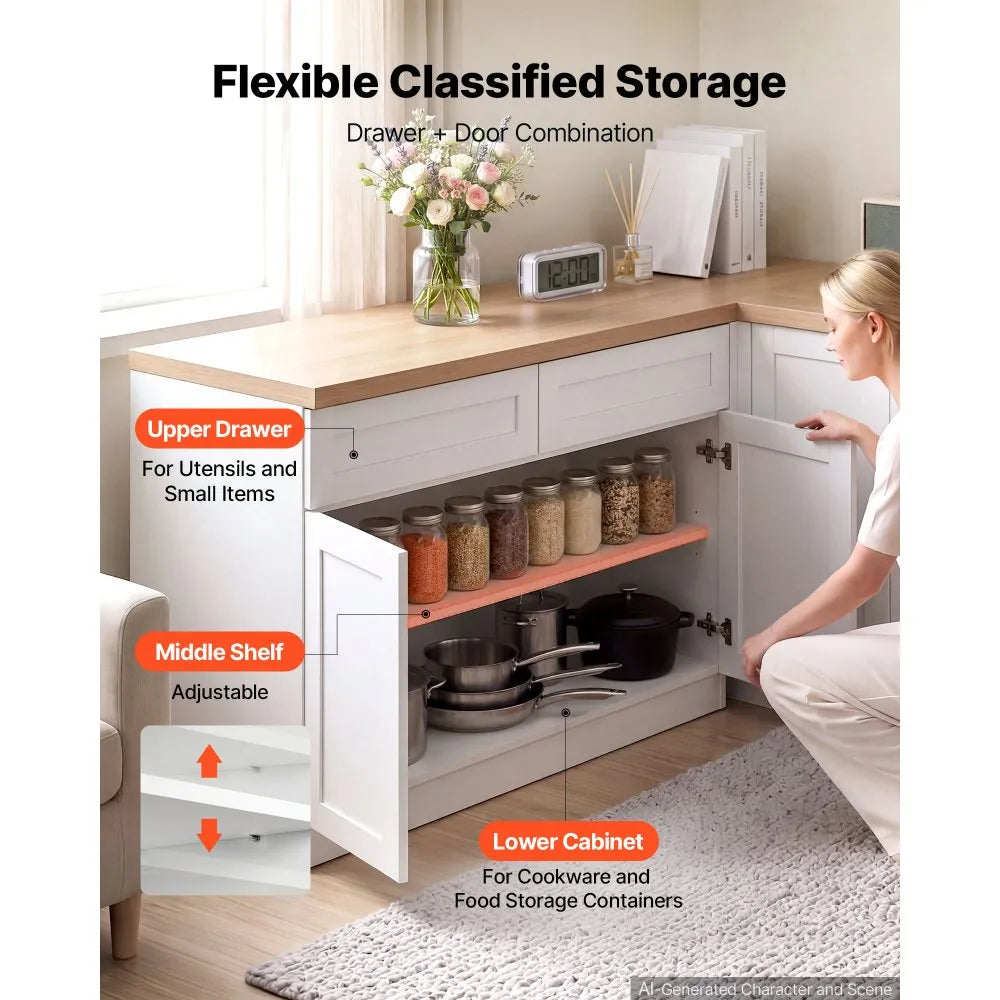 VEVOR White Shaker Base Cabinet Ready to Assemble, 36"W Unassembled Cabinet, 36" W x 24" D x 34.5" H, with 2 Doors, 2 Drawers, Adjustable Shelf, Soft-Close Hardware, for Home, Office, and Laundry Room
