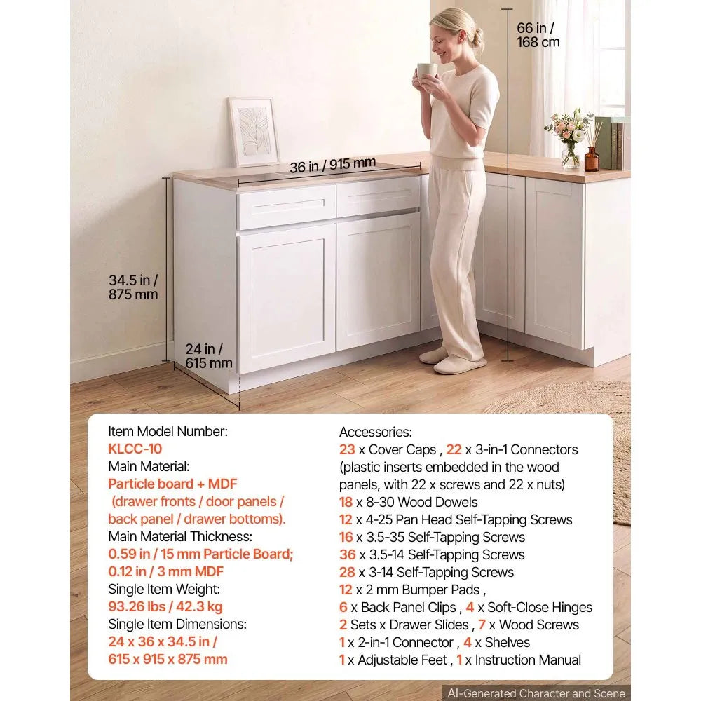 VEVOR White Shaker Base Cabinet Ready to Assemble, 36"W Unassembled Cabinet, 36" W x 24" D x 34.5" H, with 2 Doors, 2 Drawers, Adjustable Shelf, Soft-Close Hardware, for Home, Office, and Laundry Room