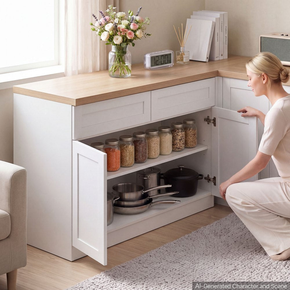 VEVOR White Shaker Base Cabinet Ready to Assemble, 36"W Unassembled Cabinet, 36" W x 24" D x 34.5" H, with 2 Doors, 2 Drawers, Adjustable Shelf, Soft-Close Hardware, for Home, Office, and Laundry Room