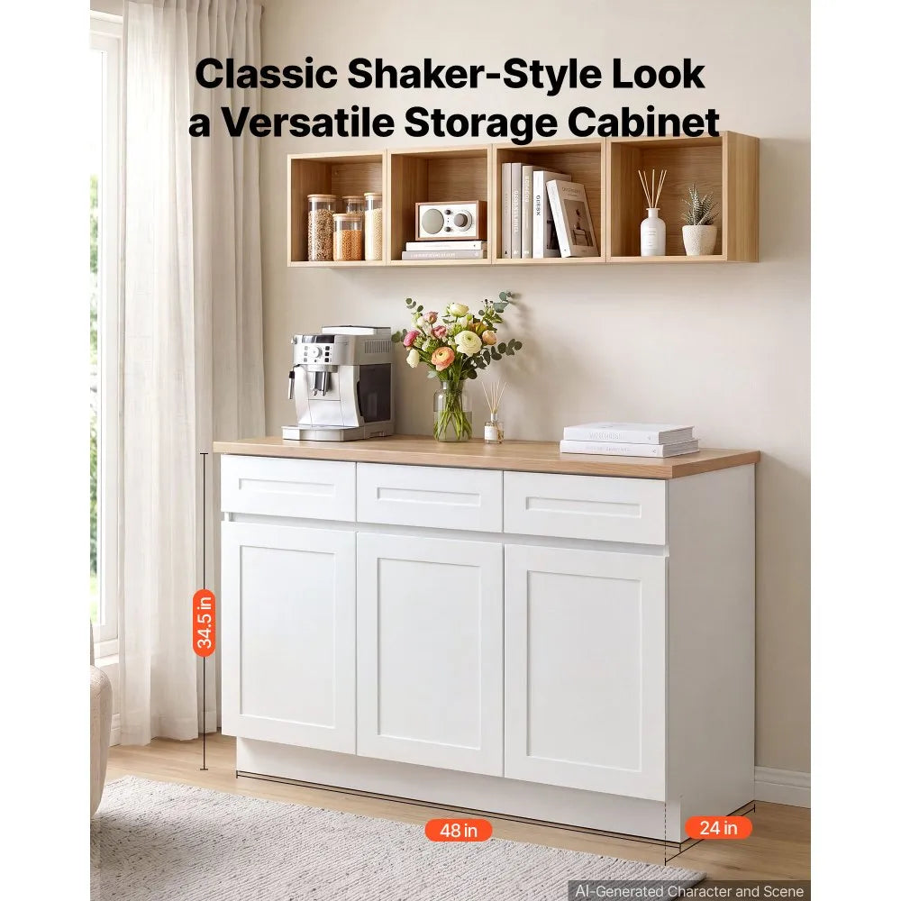 VEVOR White Shaker Base Cabinet Ready to Assemble, 48"W Unassembled Sink Base Cabinet, 48" W x 24" D x 34.5" H, with 3 Doors, Soft-Close Hardware, Fine Edge Banding, for Home, Office, and Laundry Room