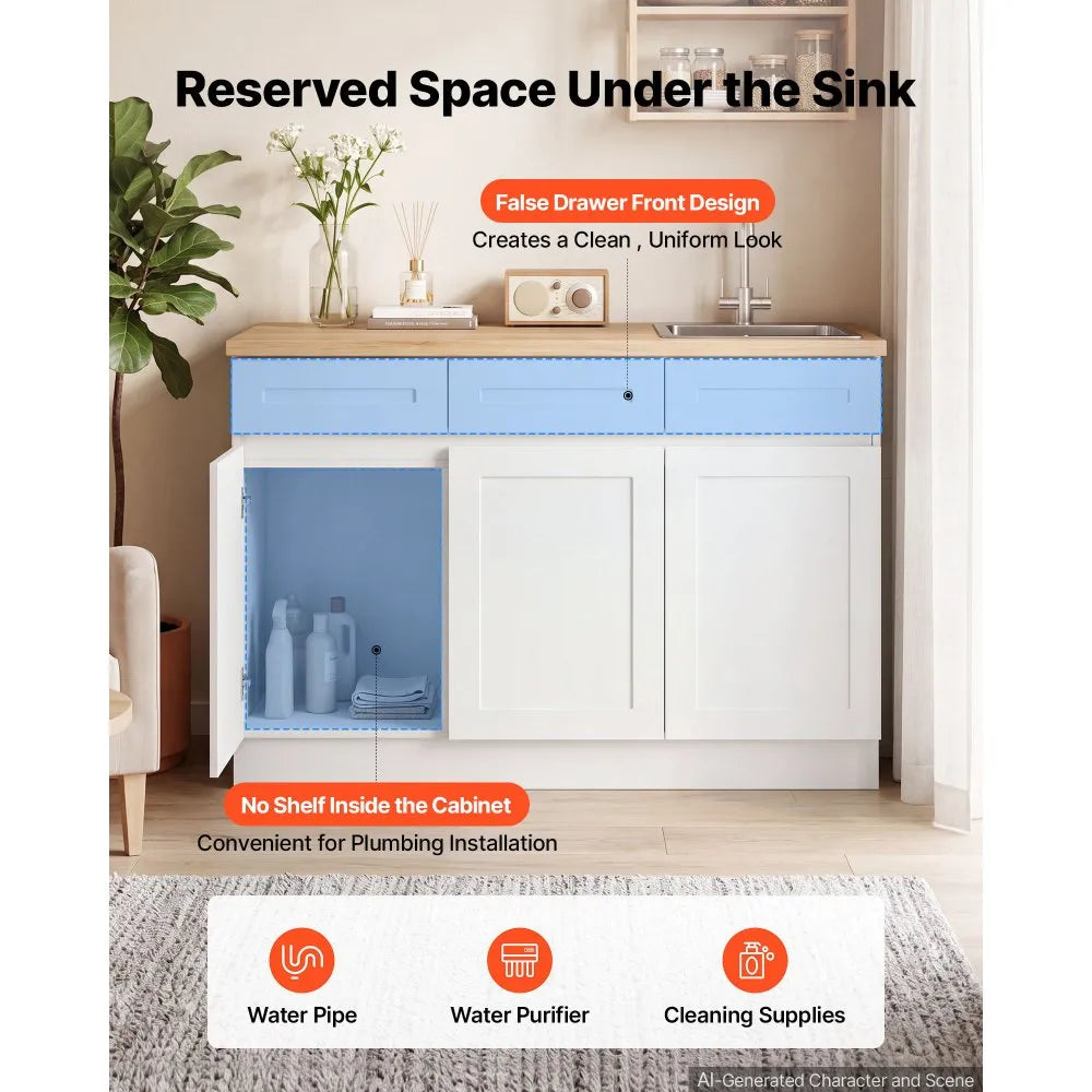 VEVOR White Shaker Base Cabinet Ready to Assemble, 48"W Unassembled Sink Base Cabinet, 48" W x 24" D x 34.5" H, with 3 Doors, Soft-Close Hardware, Fine Edge Banding, for Home, Office, and Laundry Room