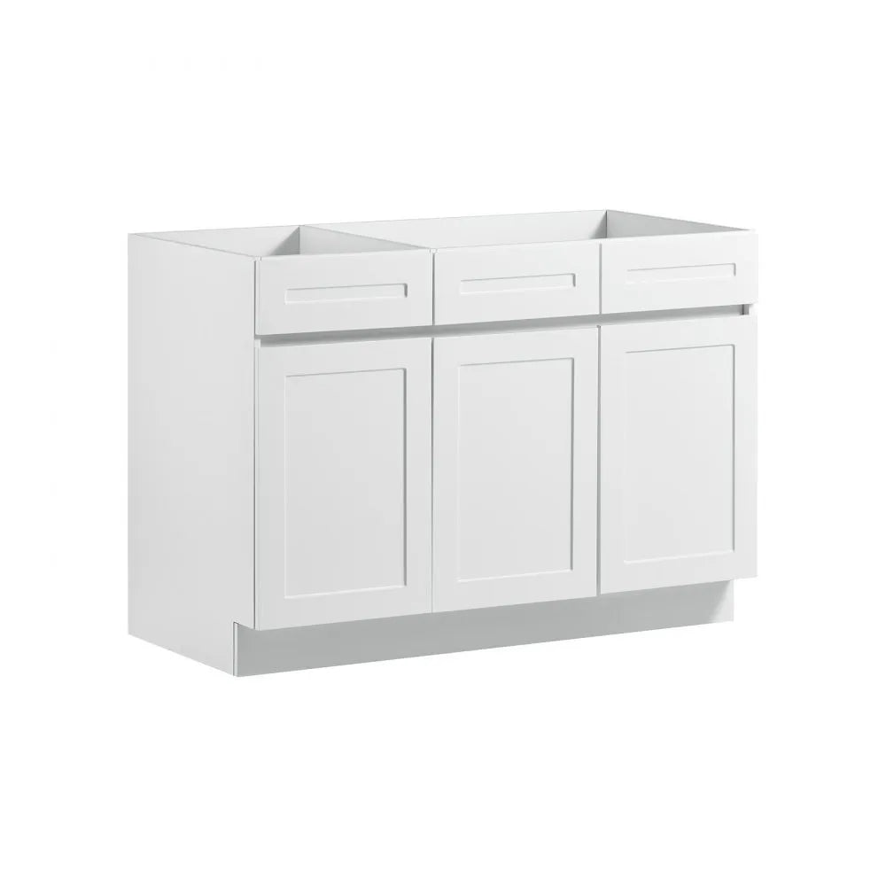 VEVOR White Shaker Base Cabinet Ready to Assemble, 48"W Unassembled Sink Base Cabinet, 48" W x 24" D x 34.5" H, with 3 Doors, Soft-Close Hardware, Fine Edge Banding, for Home, Office, and Laundry Room