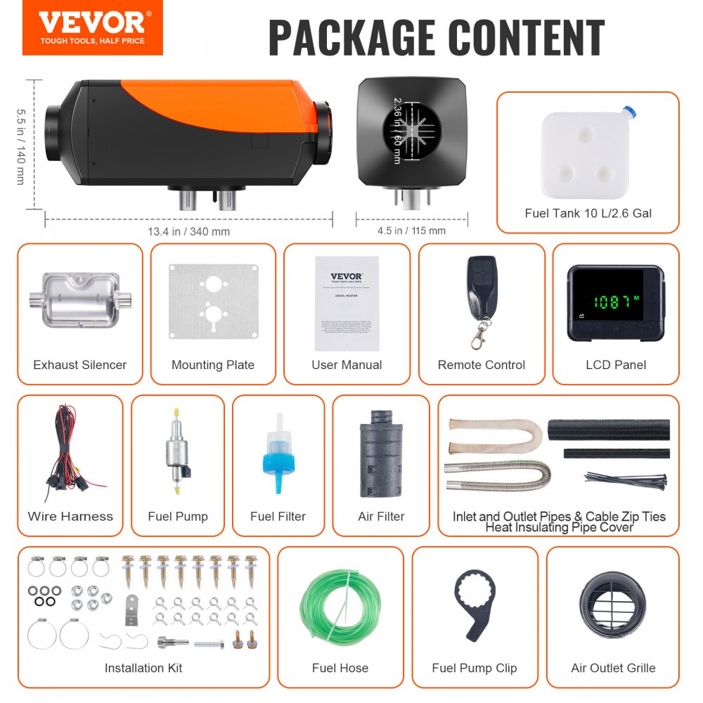 VEVOR Diesel Air Heater, 12V 2KW Diesel Heater with Remote Control and LCD Display, 10L Fuel Tank Diesel Parking Heater, Rapid Heating for RV Trailer Camper Van Boat