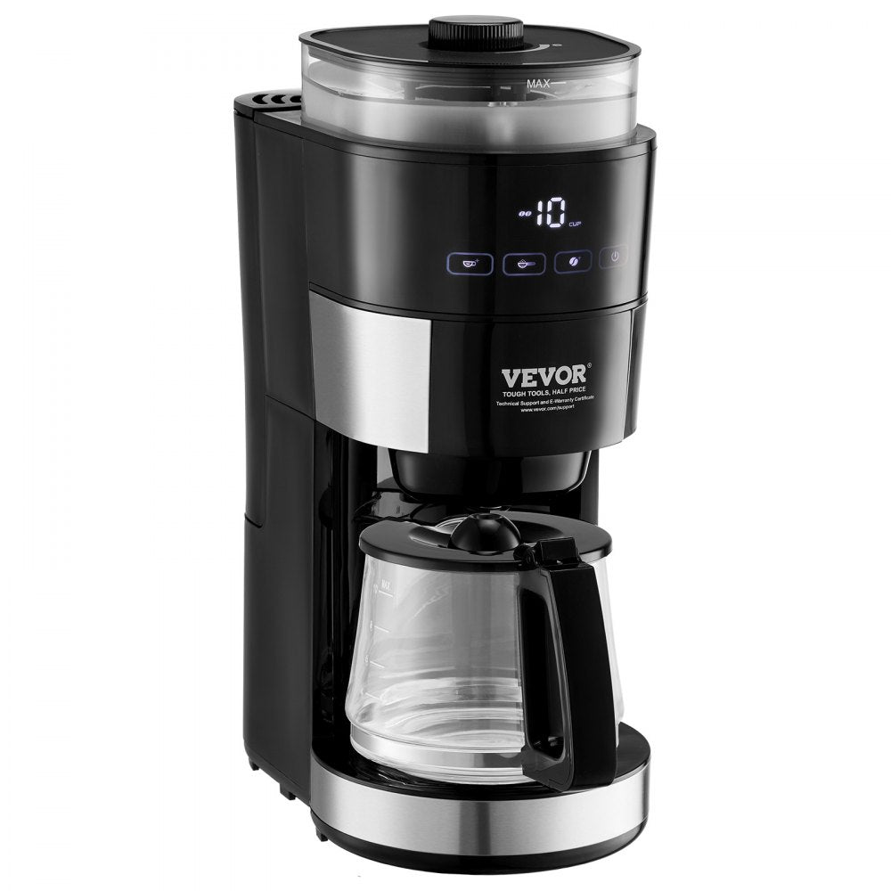 VEVOR Coffee Maker with Grinder, 10 Cup Coffee Machine, Grind and Brew Coffee Maker with 3 Brew Strength Control, Drip Coffee Maker with Adjustable Grinding Coarseness, for Home Office Restaurant