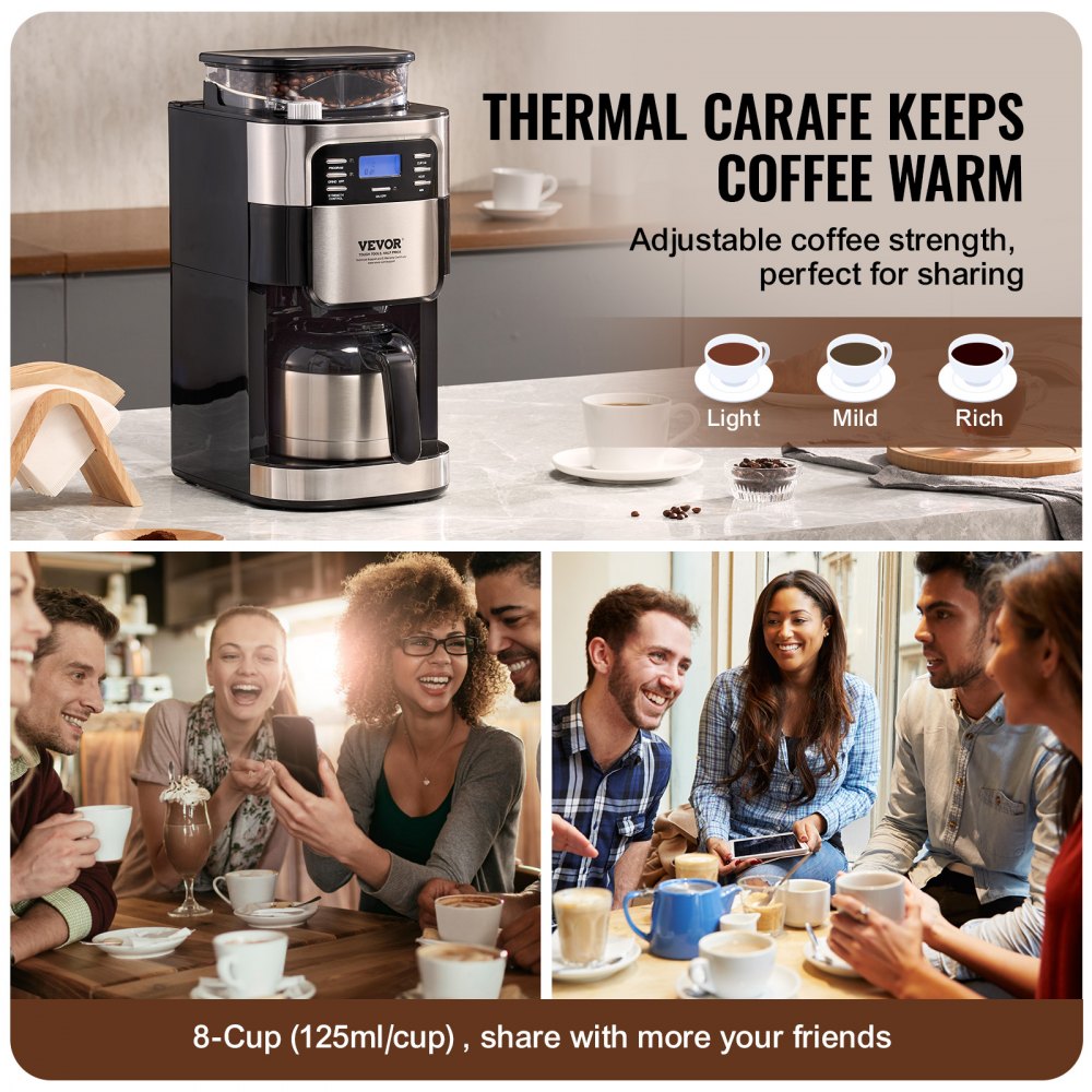 VEVOR Coffee Maker with Grinder, 8 Cup Coffee Machine, Grind and Brew Coffee Maker with 3 Brew Strength Control, 24-Hour Timer for Auto Brew, for Home Office Restaurant