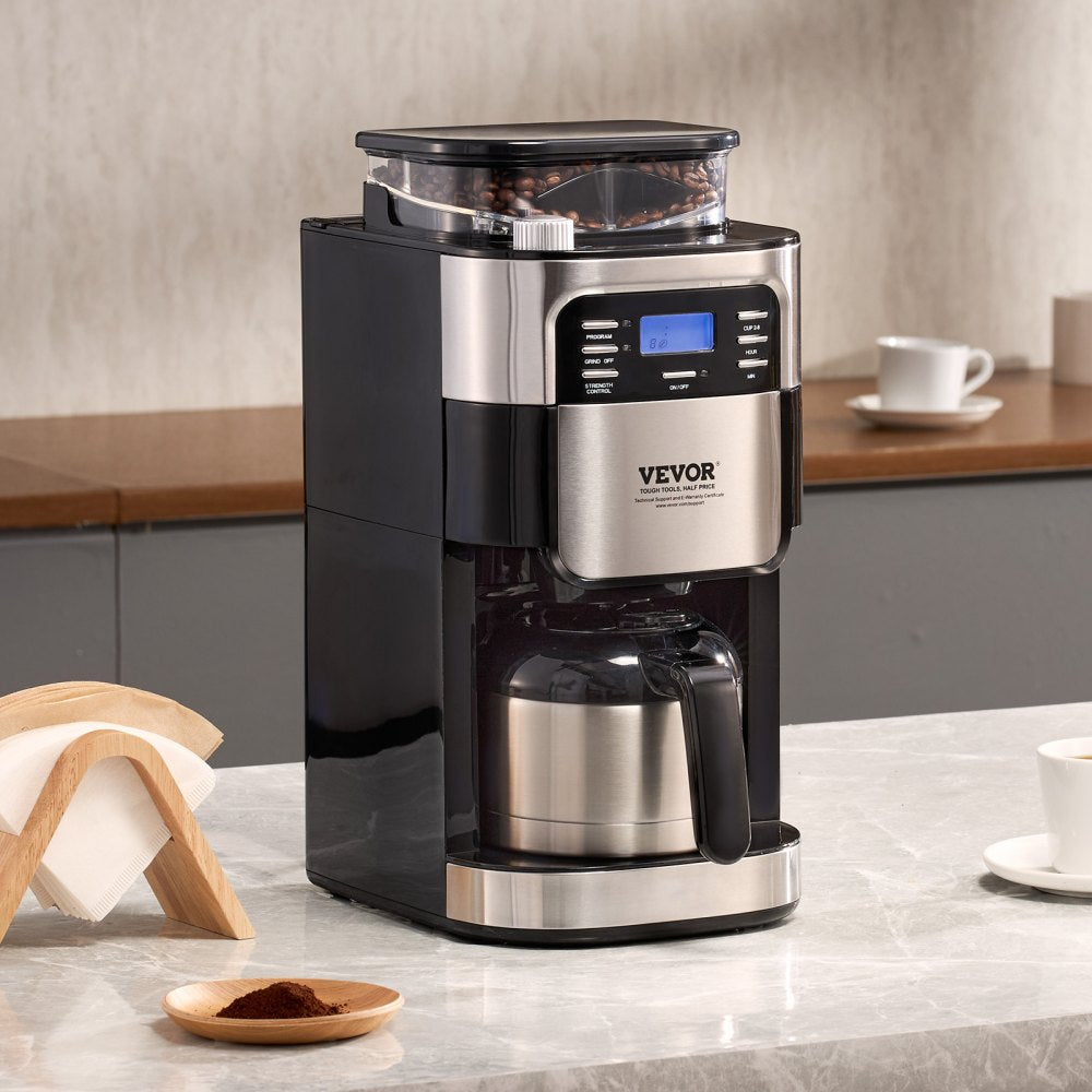 VEVOR Coffee Maker with Grinder, 8 Cup Coffee Machine, Grind and Brew Coffee Maker with 3 Brew Strength Control, 24-Hour Timer for Auto Brew, for Home Office Restaurant