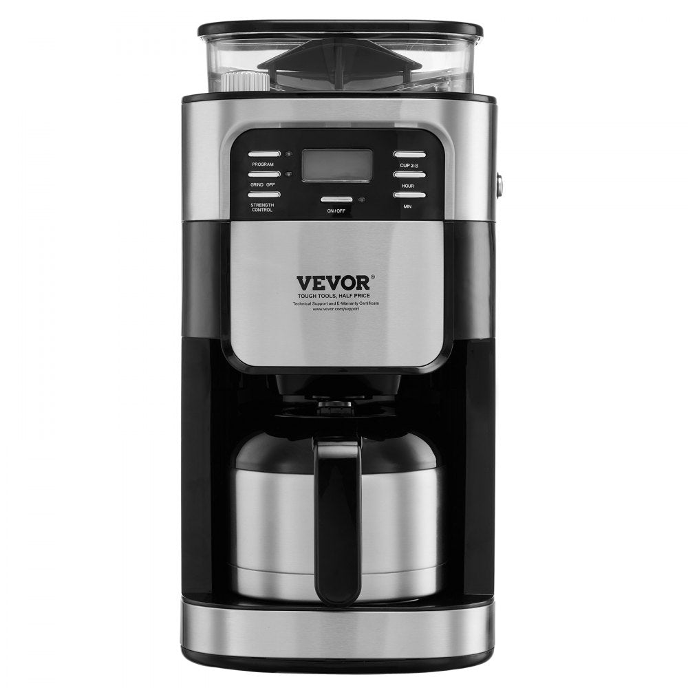 VEVOR Coffee Maker with Grinder, 8 Cup Coffee Machine, Grind and Brew Coffee Maker with 3 Brew Strength Control, 24-Hour Timer for Auto Brew, for Home Office Restaurant