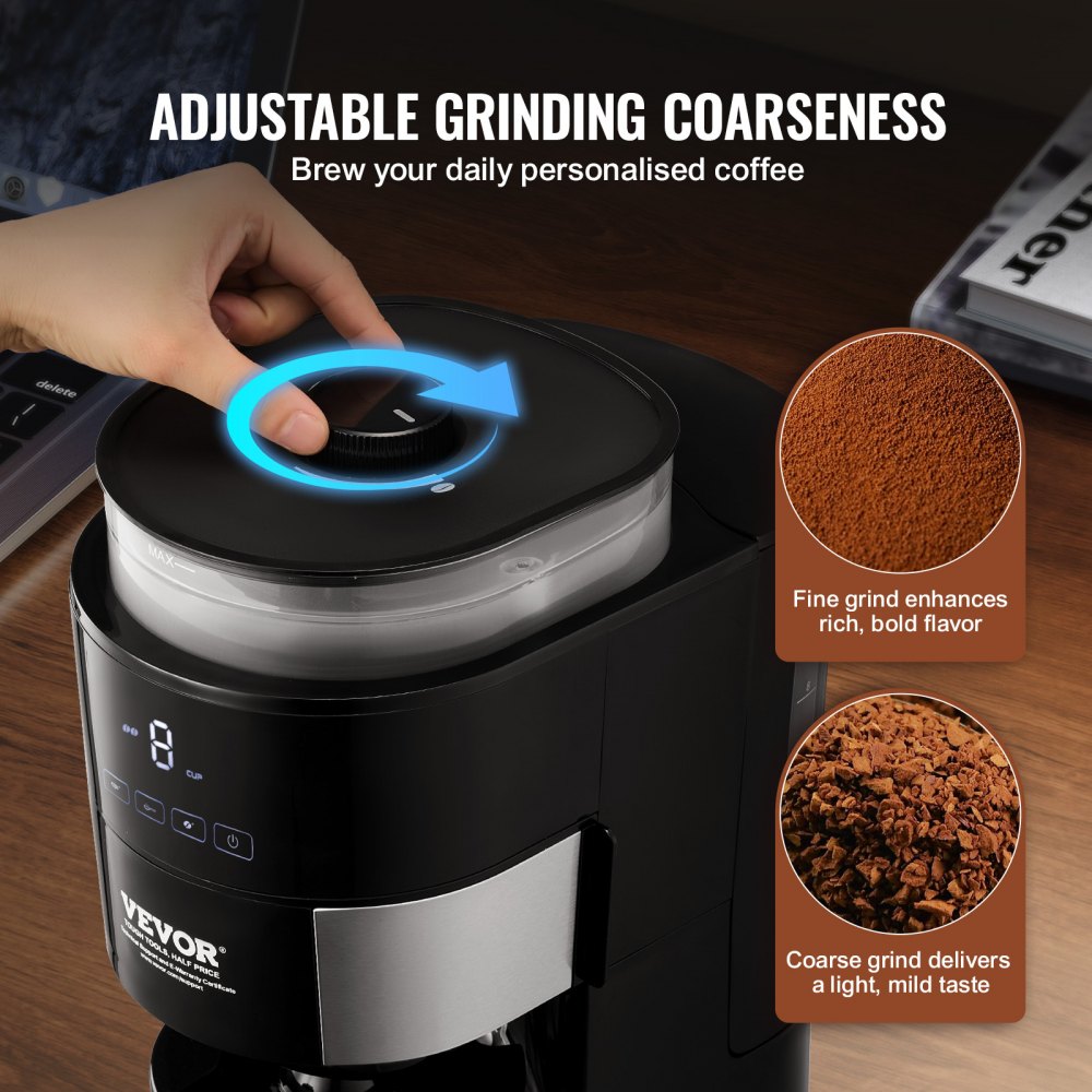 VEVOR Coffee Maker with Grinder, 8 Cup Programmable Coffee Machine, Grind and Brew Coffee Maker with 24-Hour Timer for Auto Brew, Reusable Filter, for Home Office Restaurant