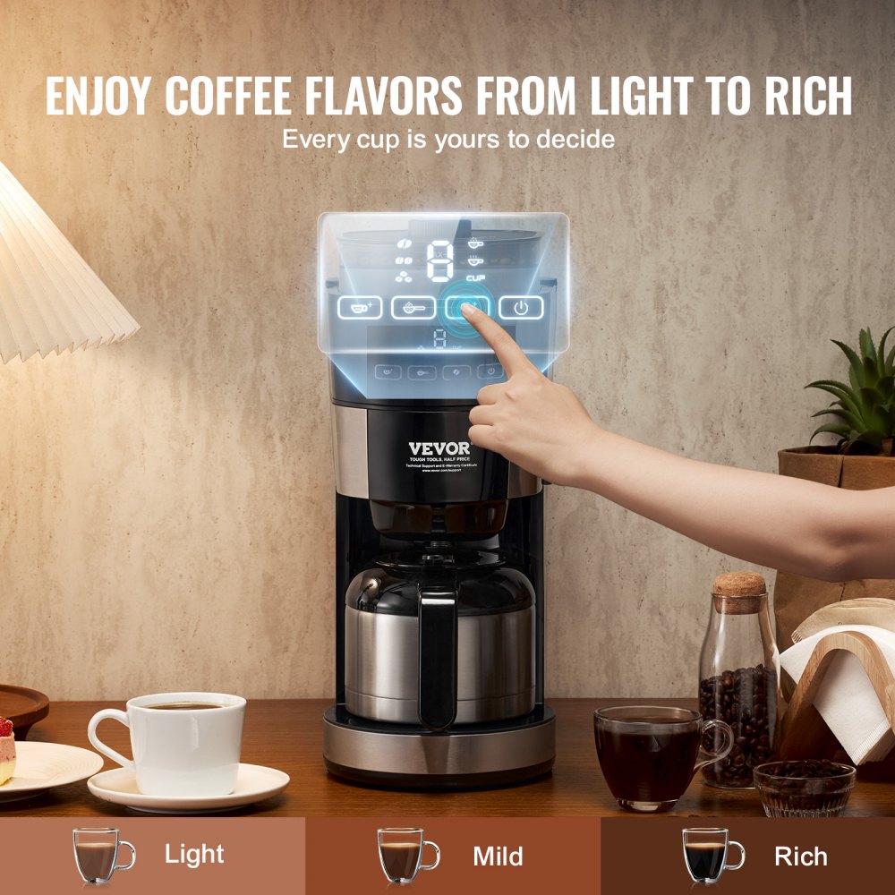 VEVOR Coffee Maker with Grinder, 8 Cup Programmable Coffee Machine, Grind and Brew Coffee Maker with 24-Hour Timer for Auto Brew, Reusable Filter, for Home Office Restaurant