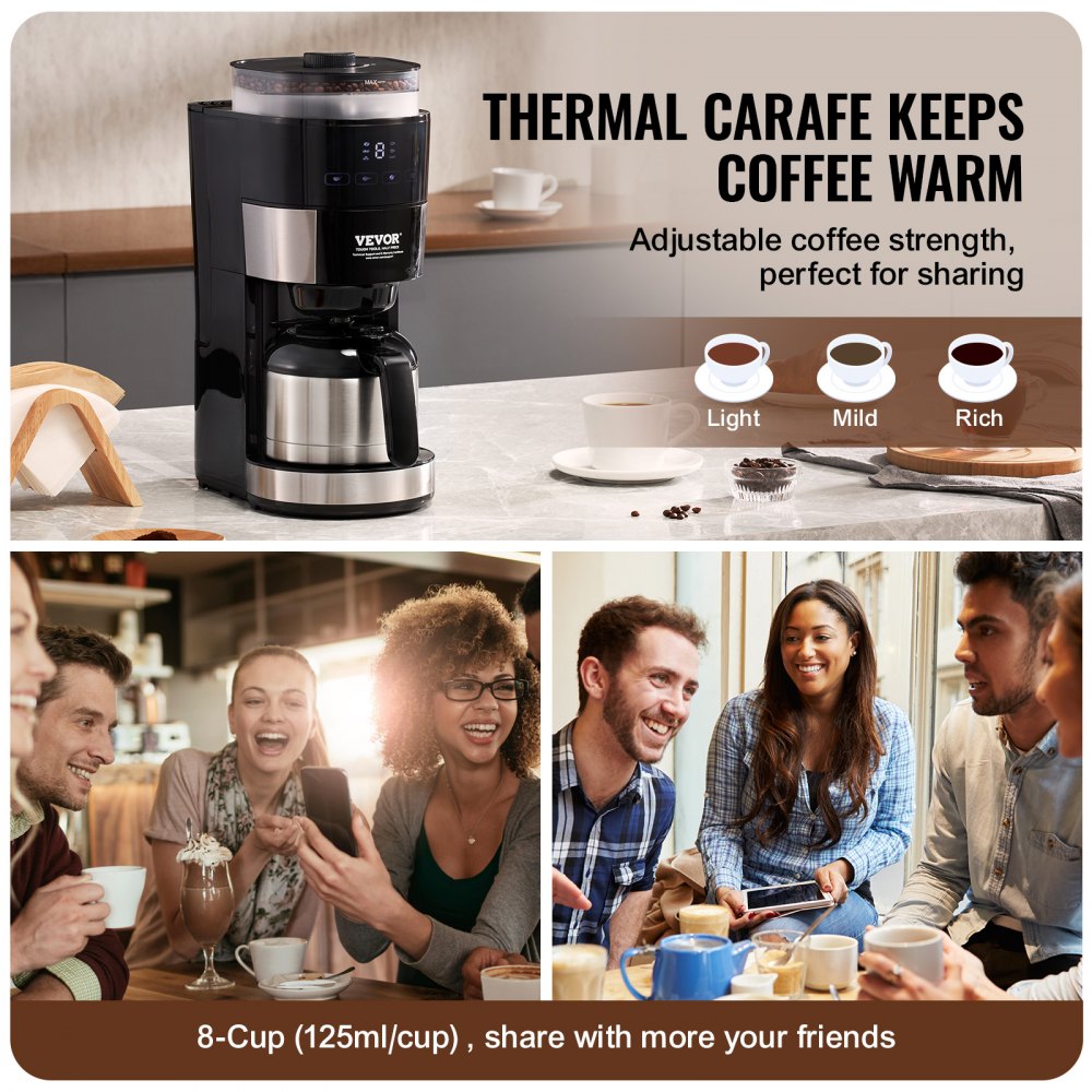 VEVOR Coffee Maker with Grinder, 8 Cup Programmable Coffee Machine, Grind and Brew Coffee Maker with 24-Hour Timer for Auto Brew, Reusable Filter, for Home Office Restaurant