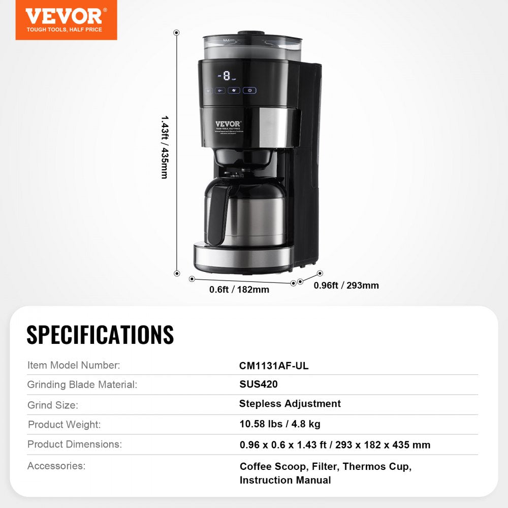 VEVOR Coffee Maker with Grinder, 8 Cup Programmable Coffee Machine, Grind and Brew Coffee Maker with 24-Hour Timer for Auto Brew, Reusable Filter, for Home Office Restaurant
