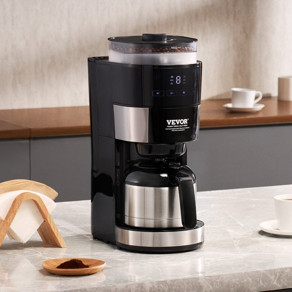 VEVOR Coffee Maker with Grinder, 8 Cup Programmable Coffee Machine, Grind and Brew Coffee Maker with 24-Hour Timer for Auto Brew, Reusable Filter, for Home Office Restaurant