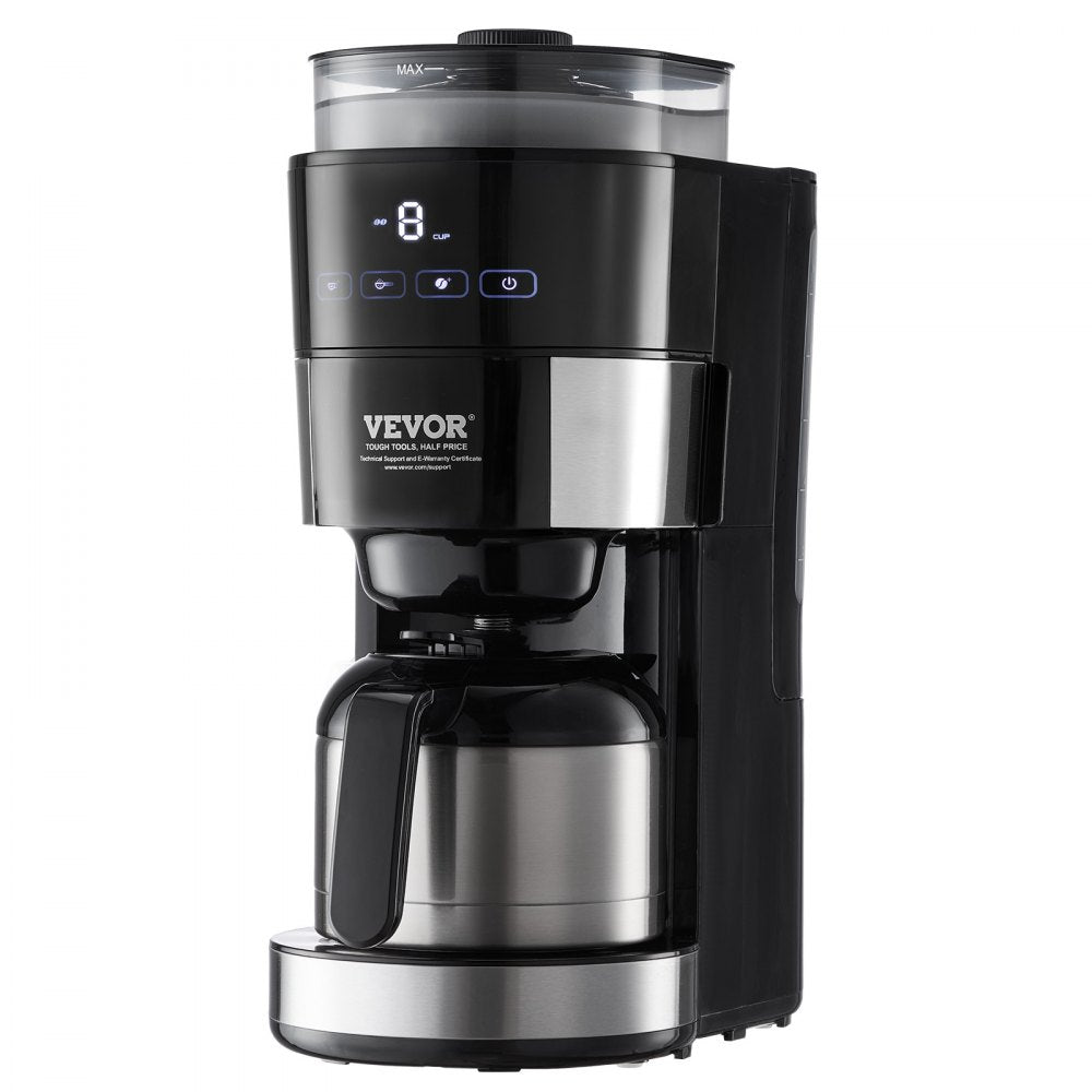 VEVOR Coffee Maker with Grinder, 8 Cup Programmable Coffee Machine, Grind and Brew Coffee Maker with 24-Hour Timer for Auto Brew, Reusable Filter, for Home Office Restaurant