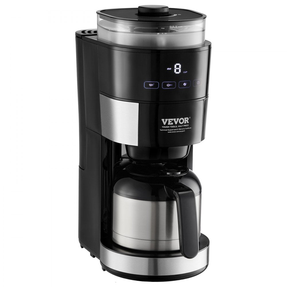 VEVOR Coffee Maker with Grinder, 8 Cup Programmable Coffee Machine, Grind and Brew Coffee Maker with 24-Hour Timer for Auto Brew, Reusable Filter, for Home Office Restaurant