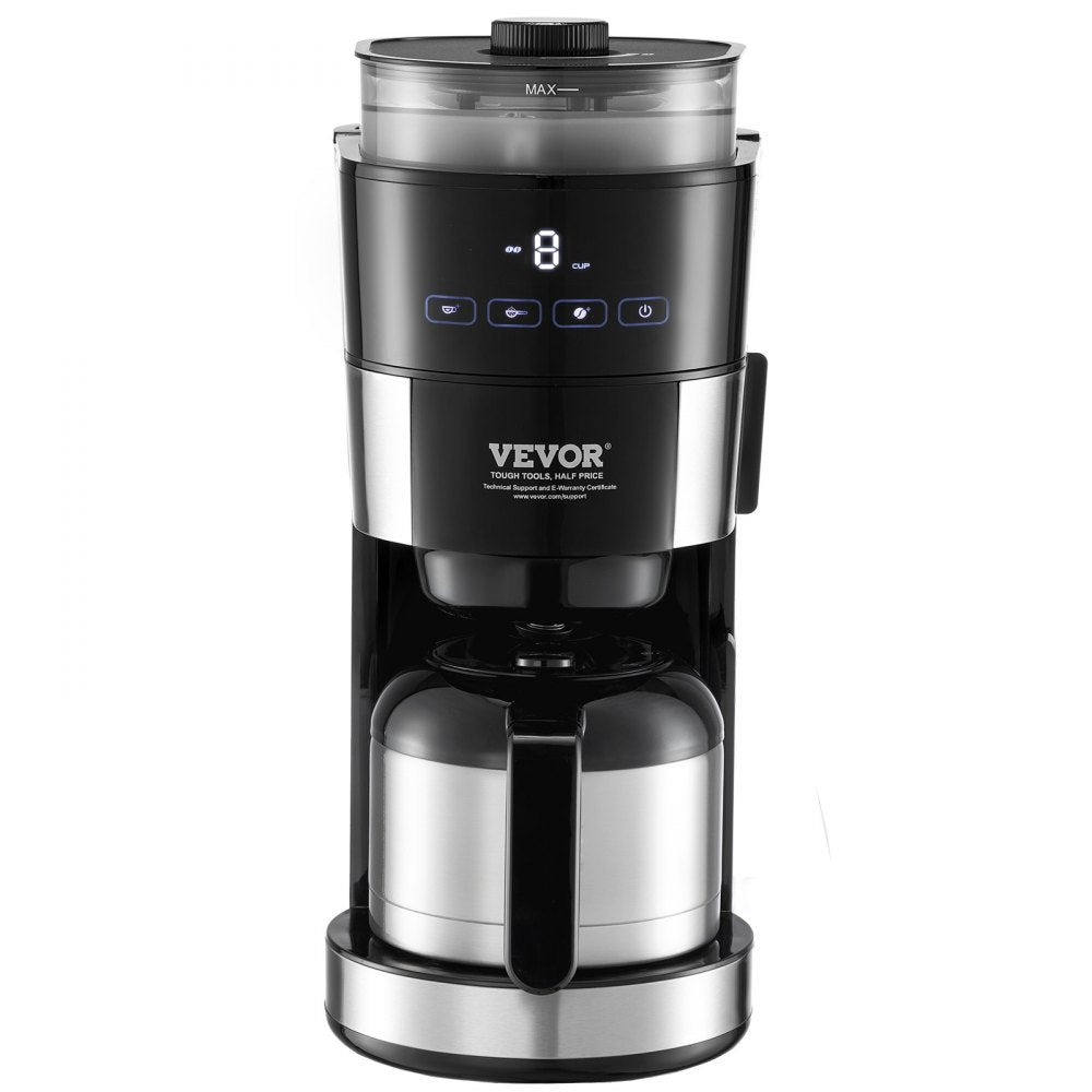 VEVOR Coffee Maker with Grinder, 8 Cup Programmable Coffee Machine, Grind and Brew Coffee Maker with 24-Hour Timer for Auto Brew, Reusable Filter, for Home Office Restaurant
