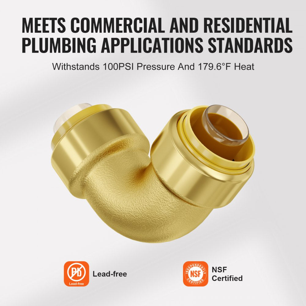 VEVOR Pipe Fittings, 1/2" 12PCS Brass Pipe Fittings, Elbow Push-Fit Pipe Connector Brass Air Fittings, Heavy Duty Plumbing Fittings Adapter for Heating/Shower Systems, Water Pipes