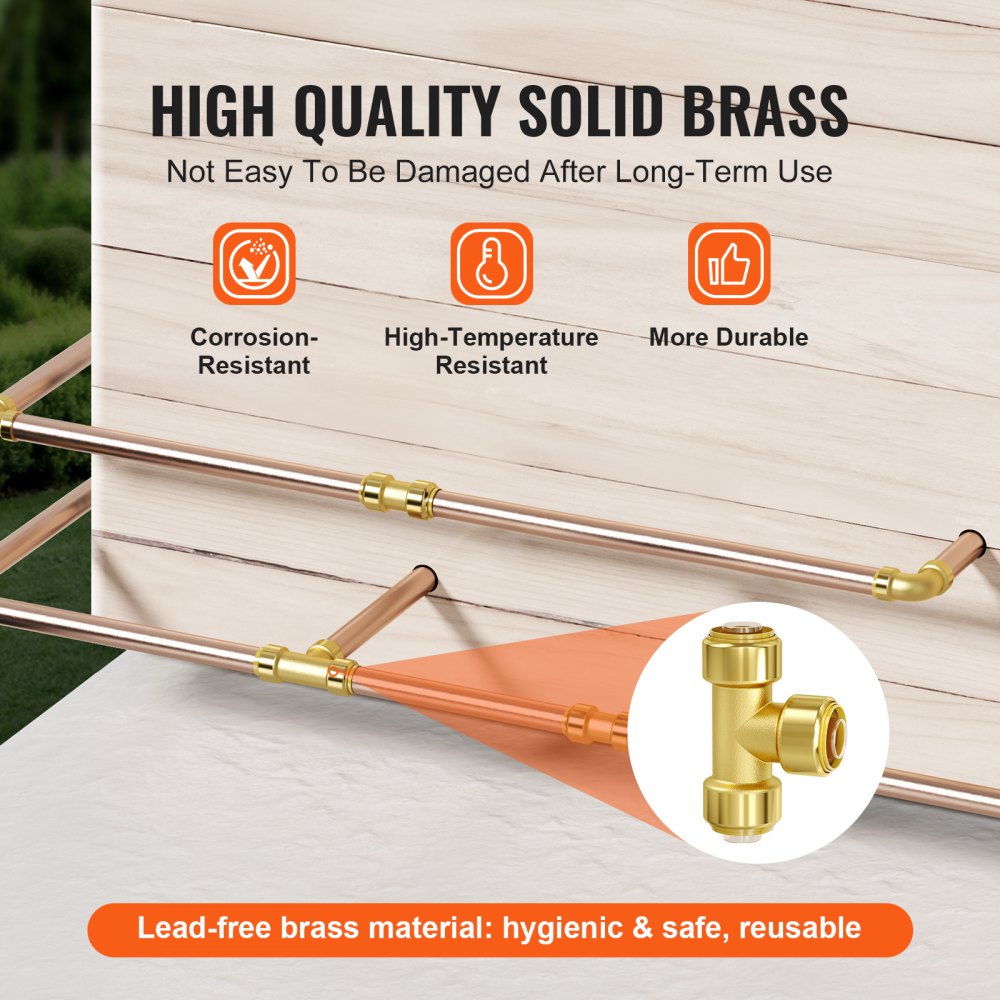 VEVOR Pipe Fittings, 1/2" 12PCS Tee Brass Pipe Fittings, Push-Fit Pipe Connector Brass Air Fittings, Heavy Duty Plumbing Fittings Adapter for Heating/Shower Systems, Water Pipes