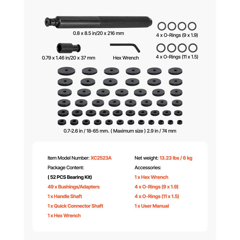VEVOR Bearing Press Kit, 52 Pcs, Bearing Race and Seal Driver Set with 49 Bushings and Handle Shaft, Bushing Driver Tool Set, Heavy Duty Carbon Steel Removal Installation Tool Kit with Storage Case