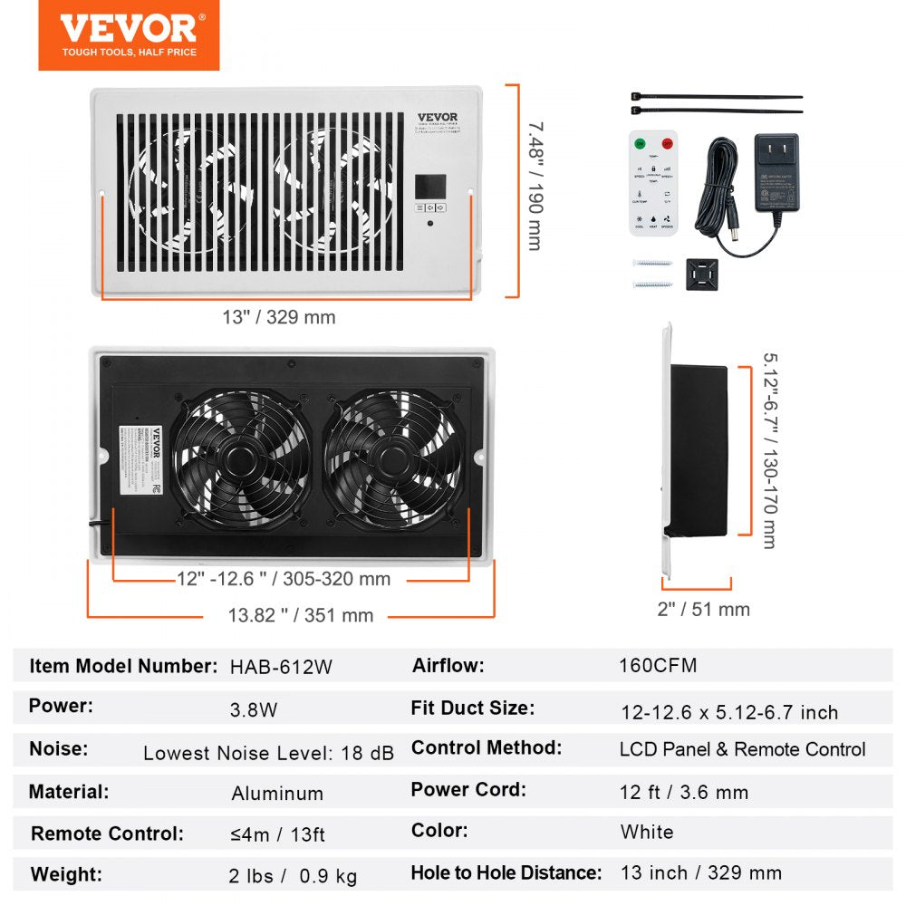 VEVOR Register Booster Fan, Quiet Vent Booster Fan Fits 6 x 12 inch Holes, with Remote Control and Thermostat Control, Adjustable Speed for Heating Cooling Smart Vent, White